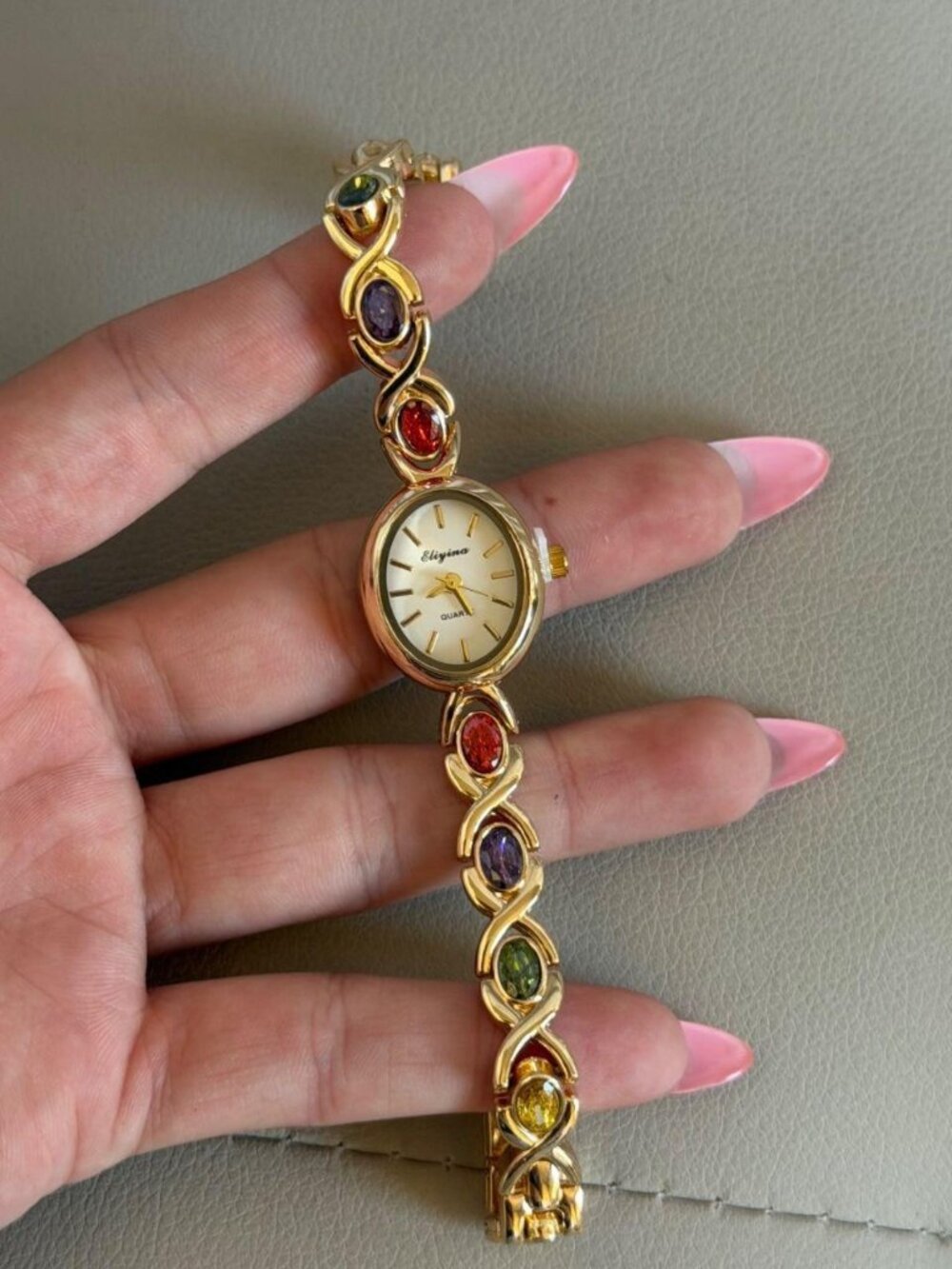 Y2K Gold Multicolor Stone Bracelet Watch Coquette Preppy Gold-Tone OS